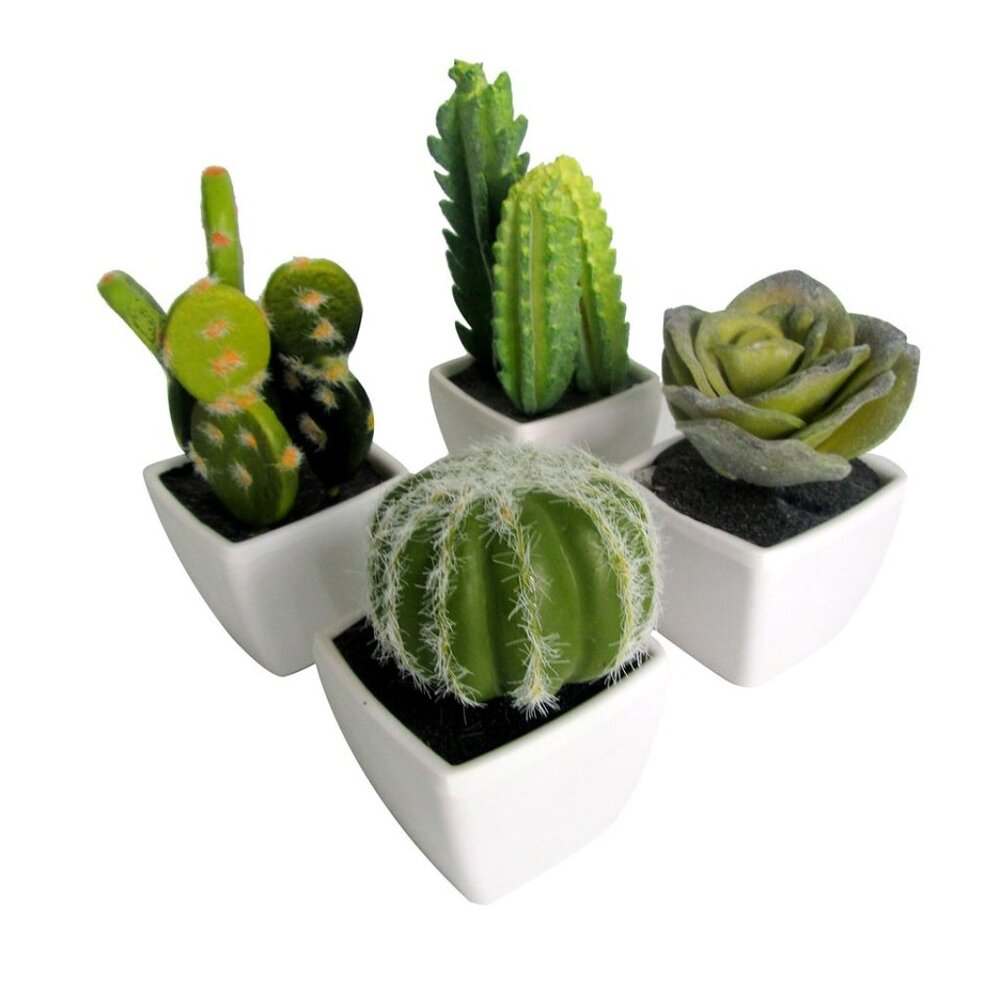 A Set of 4 Artificial Mini Cactus in White Modern Cube-Shaped Pots